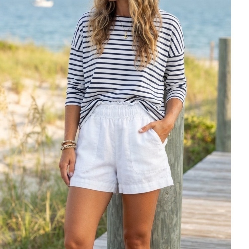 White Ivory Linen Shorts Pull On Paperbag Elastic-Waist Coastal Grandma H&M Sz M